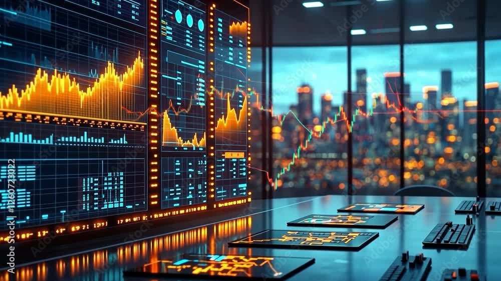 Poster Financial Data Analysis: A panoramic view of a modern office with a large display showcasing dynamic financial charts and data against the backdrop of a gleaming cityscape.