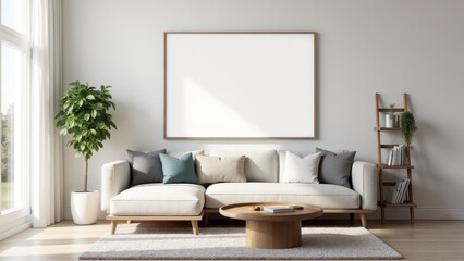 Fototapeta premium Living room mockup for art with a blank frame above a beige sofa, surrounded by modern decor.