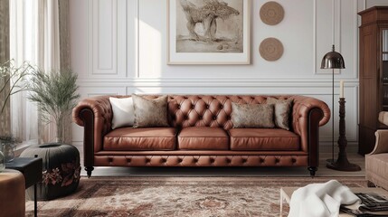A vintage-inspired living room with a Chesterfield sofa, Persian rug, and antique decor.