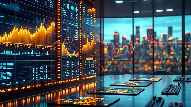 Financial Data Analysis: A panoramic view of a modern office with a large display showcasing dynamic financial charts and data against the backdrop of a gleaming cityscape.