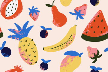 Tropical seamless pattern with textured fruits. Print with banana, mango, pineapple, pear, watermelon, pomegranate. Vector illustration for fabric, cover, textile.