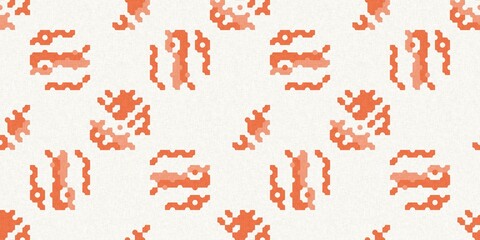 Faded peach fuzz glitch geo washed effect seamless banner. Orange dye grungy blotched distress abstract background texture border. 