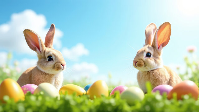 Cute Easter bunnies with Easter eggs on a green meadow with grass and flowers sunny spring clear day. Greeting card with Easter holiday concept with space for copying