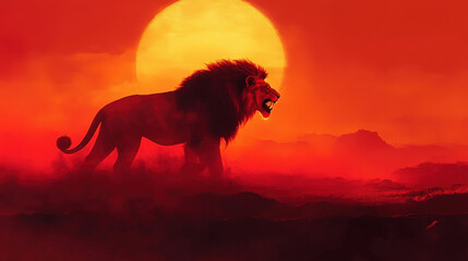 Majestic Lion Walking Under a Fiery Red Sun