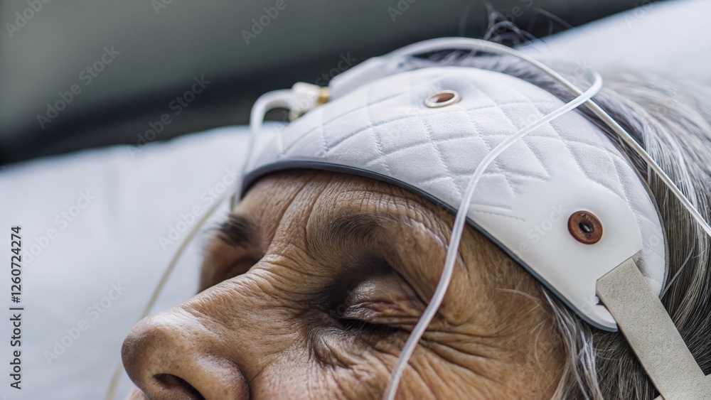 Aufkleber closeup of an aged face deeply relaxed showing wrinkles and wisdom with a hightech neural device res