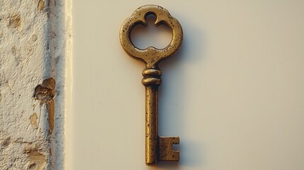 Antique Key on White Background, Brick Wall
