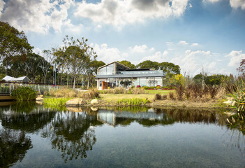 Fototapeta premium Serene Modern Home Surrounded by Lush Nature and Reflective Waters