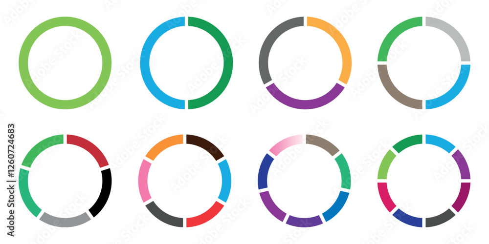 Poster pie chart, circle diagram collection with 1 to 15 sections or parts different color circles. data an