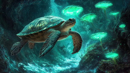 Fototapeta premium Floating Sea Turtle in a Glowing Underwater Realm