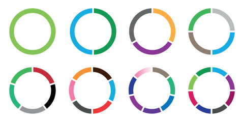 Pie chart, Circle diagram collection with 1 to 15 sections or parts different color circles. data analysis, web design, ui or presentation. Vector illustration isolated on white background.  