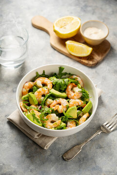 Prawn and avocado salad with rocket salad