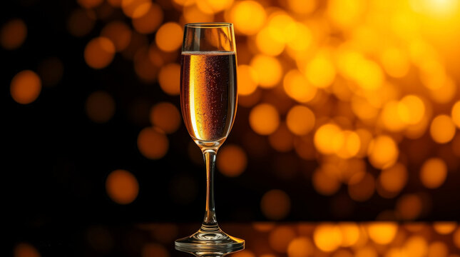 Champagne Flute with Sparkling Beverage Against Warm Golden Bokeh Lights