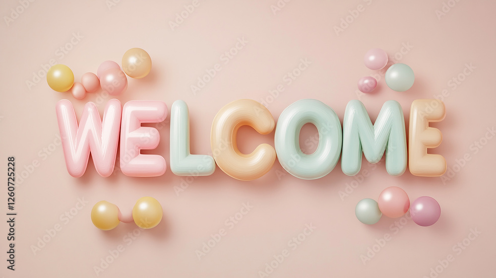Poster a colorful balloon word that says welcome is on a pink background. the balloons are arranged in a wa