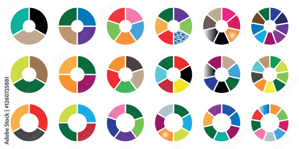 Poster pie chart circle set. circle diagram with sections or parts different color circles section graph, p