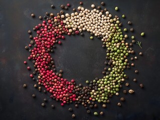 Colorful peppercorn circle on dark background, spice variety and flavor