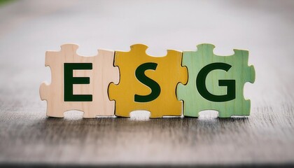 Colorful puzzle pieces representing ESG concept on a wooden background.