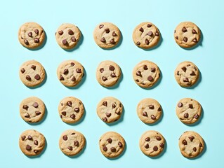 Rows of Chocolate Chip Cookies on Light Blue Background, Dessert Treats
