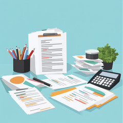 Organized financial documents on desk with stationery, calculator, and plant. scene conveys sense of productivity and order in workspace