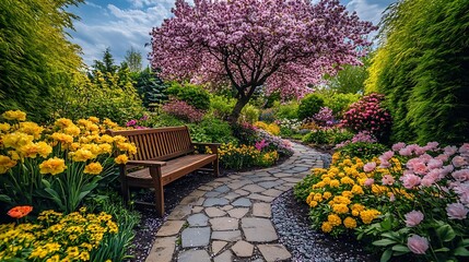 Obraz premium Spring garden path, blooming flowers, bench, peaceful scene