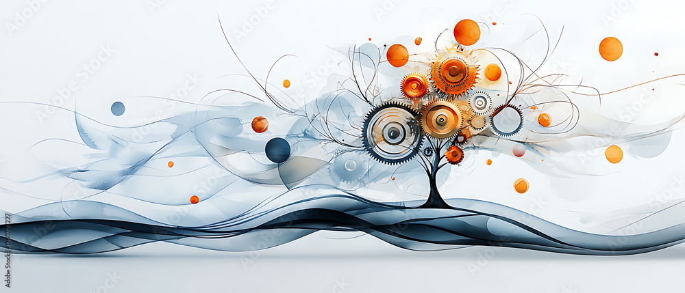 Poster abstract artistic representation of a tree with gears modern digital art gradient background futuris