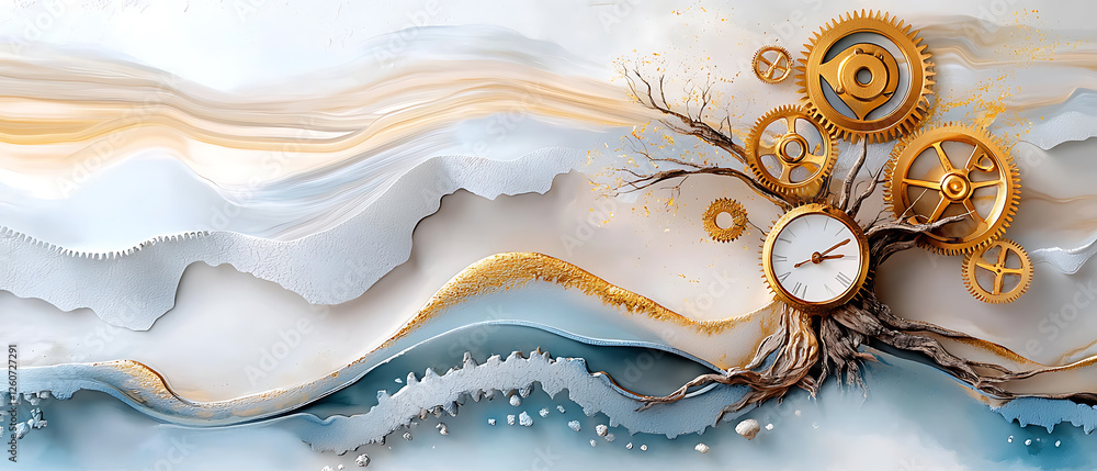 Poster mechanical tree clock art abstract studio digital artwork surreal environment close-up view nature-t