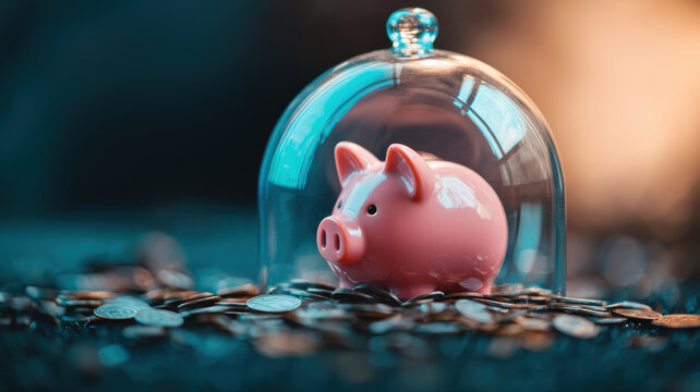 pink piggy bank is protected under glass dome surrounded by coins