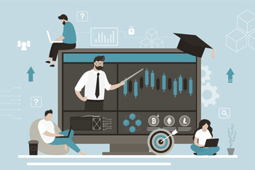 Financial literacy education and crypto market. Group of students learning at trading school or academy. Business coach or teacher talking about crypto trading, investment.
