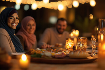 Happy family enjoying Iftar meal together at the restaurant, Ramadan family dinner table setting