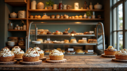 Fototapeta premium Cupcakes display. Bakery sweets. Delicious dessert selection. Confectionery delights. Freshly baked goods.