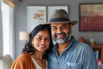 Portrait of a satisfied indian couple in their 30s donning a classic fedora while standing against stylized simple home office background