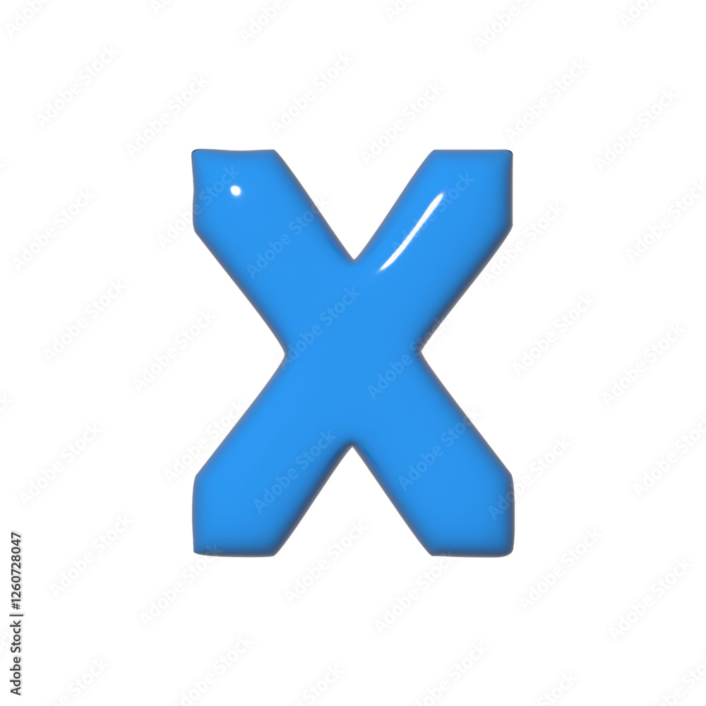 Poster a glossy 3d rendering of the letter x presented in a light blue hue against a stark white background