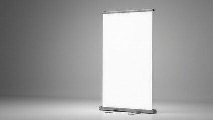Roll up banner stand mockup with a blank white display on a gray background.