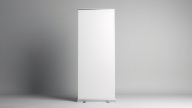Roll up banner stand mockup in a minimalistic setting with a blank white banner and a gray background.