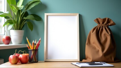 School picture day order form mockup with a blank frame, pencils, apples, and a plant on a desk.