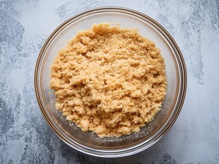 Crumble topping in glass bowl ready for baking dessert close up
