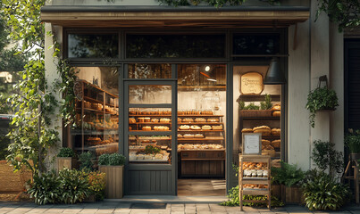 Charming bakery storefront adorned with greenery, showcasing an array of fresh baked goods.