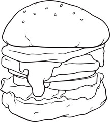 Hand-drawn black and white vector illustration of delicious cheeseburgers with melted cheese, lettuce, and sesame seed buns. Perfect for coloring pages, food illustrations, and restaurant designs.