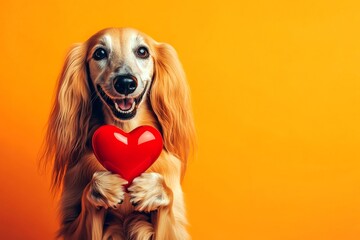 Digital ads pattern. Afghan hound - my treasured dog. Cute afghan hound doggy with diamond red heart - sign of love, funny greeting card. Valentine's furry love moments. February 14 photos.