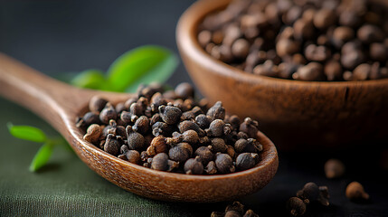 Aromatic still life, Close-up of organic cloves in rustic wooden containers