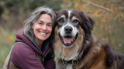 A happy smiling woman friendly with her large dog.