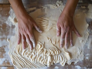 Baker Stretching Dough for Homemade Pasta with Flour on Wooden Table