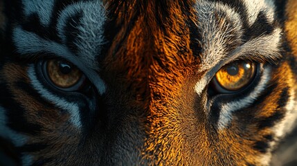Tiger eyes close-up, sunlit fur, jungle background; wildlife poster