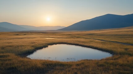 Tranquil Sunset Over a Reflective Pond in the Open Grassland