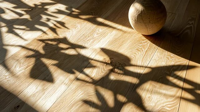 Warm sunlight casting leaf shadows on wooden wooden parquet, laminate flooring near ceramic vase video 4k