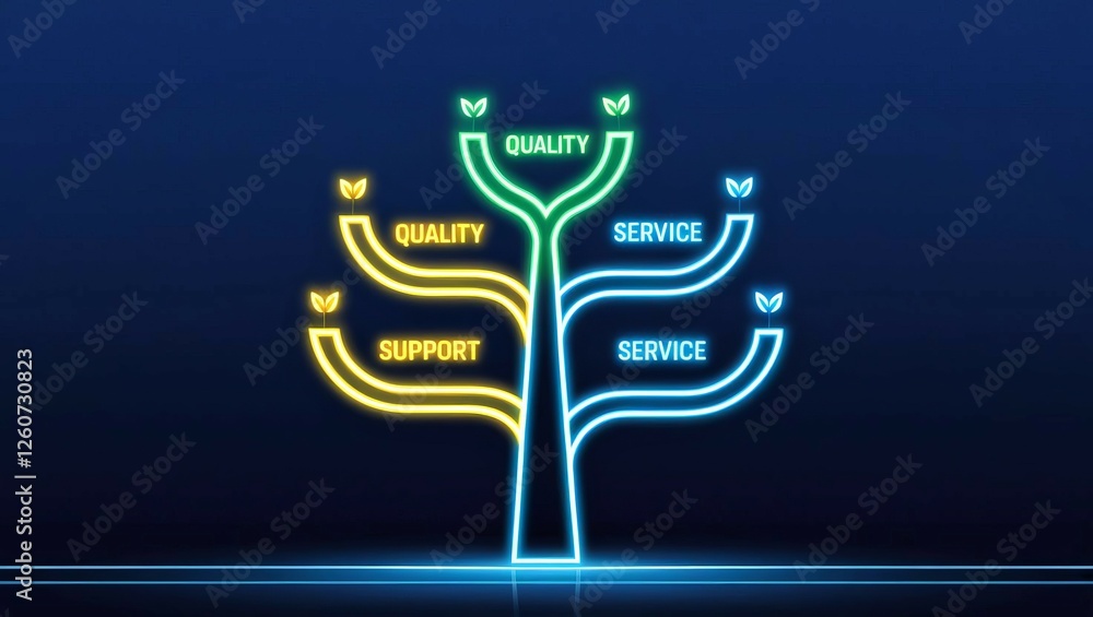 Poster a neon tree design emphasizing the concepts of quality, service, and support in a visually striking 