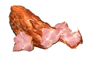 Smoked pork meat and pieces cut from it lie on a white background.