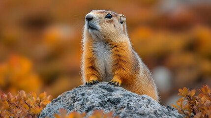 Attentive yellow-bellied marmot surveying its autumnal landscape perch