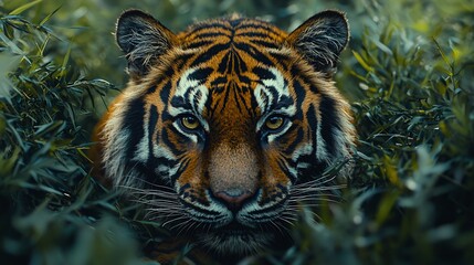 Fototapeta premium Tiger peering through jungle foliage, wildlife habitat