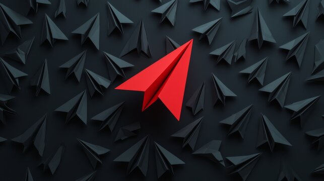 A striking image featuring a bold red paper airplane amidst a sea of black paper airplanes, symbolizing individuality and creativity.