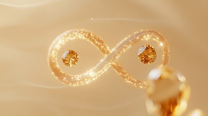 Sparkling gold infinity symbol with diamonds on golden background